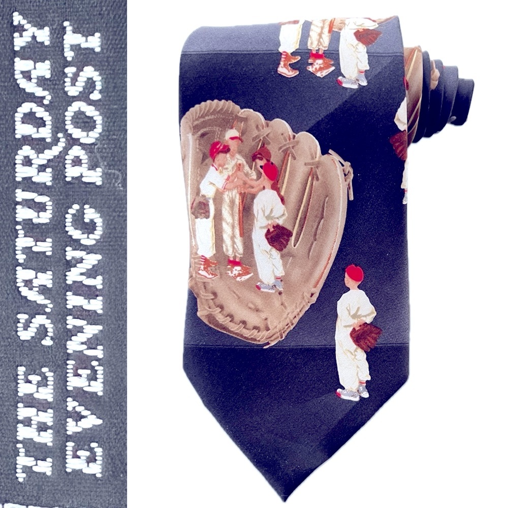 ⚾️Baseball-Themed 2003 Saturday Evening Post Norman Rockwell Navy Silk Neck Tie